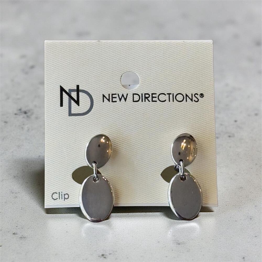 New Directions Silver Tone Clip-On Dangle Earrings Oval Modern NWT
